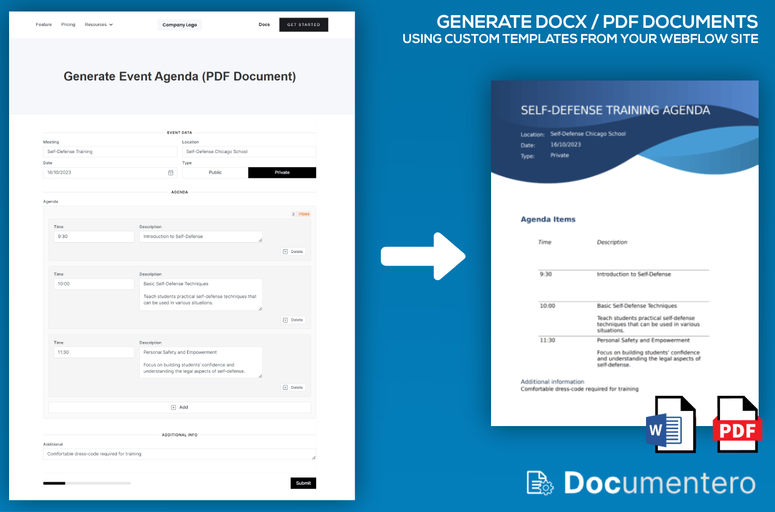 Documentero is a powerful Webflow app for creating document templates that generate .docx or .pdf files using forms on Webflow sites. Easily customize templates, automate document generation, and integrate with 5000+ apps. Perfect for Webflow designers and developers seeking efficient document management.