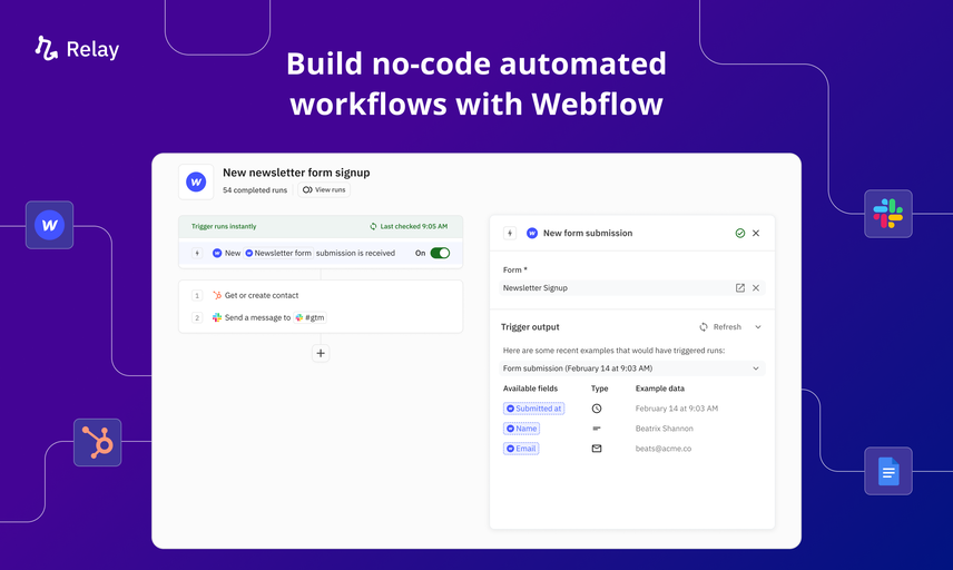 Streamline Webflow tasks efficiently with Relay.app, an automation tool combining AI assistance and human oversight. Enhance productivity, user experience, and collaboration with powerful workflow tools and deep integrations. Ideal for Webflow designers and developers.