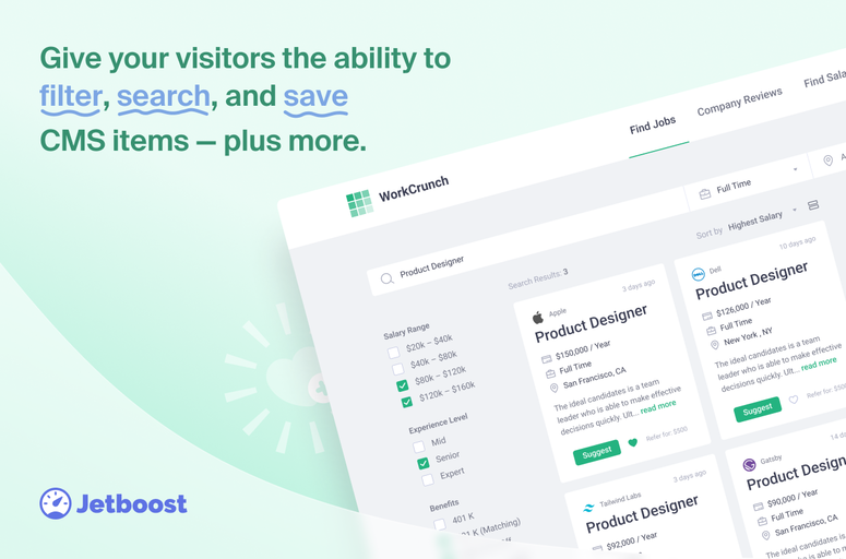 Enhance your Webflow app with Jetboost, a powerful no-code tool offering advanced CMS capabilities. Explore dynamic filtering, real-time search, item favoriting, pagination, sorting, auto-archiving, and more without custom code. Elevate user experience and efficiency effortlessly.
