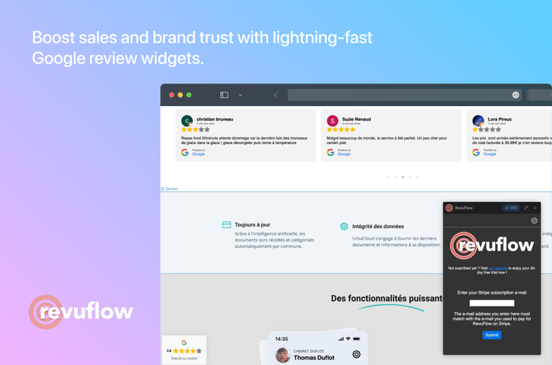 Optimize your website with RevuFlow, the essential Webflow app for effortlessly showcasing Google reviews. Enhance credibility, boost conversions, and skyrocket sales with this user-friendly tool. Ideal for Webflow designers and developers seeking to leverage social proof effectively.
