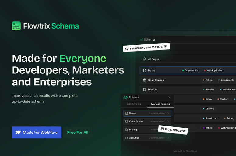 Streamline SEO with Flowtrix Schema App for Webflow. Effortlessly add structured data & JSON Schema for enhanced search visibility. No-code solution for designers & developers. Boost SEO performance now!