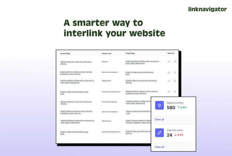 Optimize your Webflow site with Linknavigator, a powerful internal linking tool. Streamline internal linking, monitor link health, and boost organic traffic effortlessly. Perfect for Webflow designers, developers, and marketers looking to enhance SEO performance and user experience.