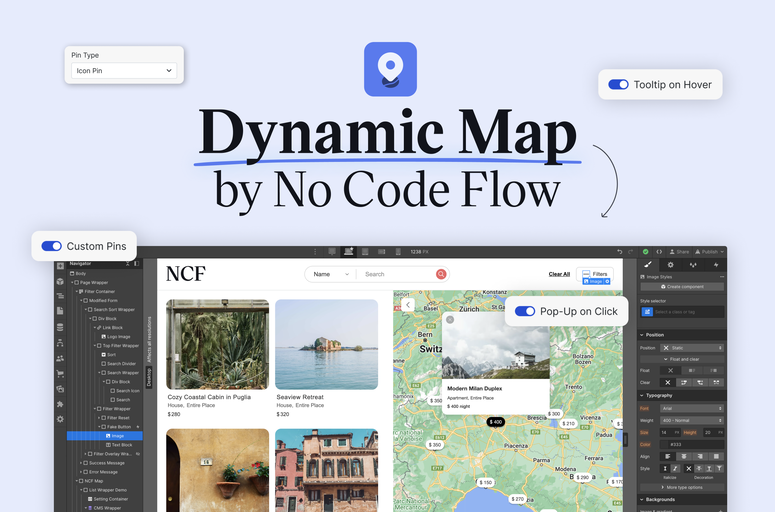 Enhance your Webflow projects with the Dynamic Map app by No Code Flow. Effortlessly create interactive, filterable maps with custom location pins and pop-ups directly in Webflow. Improve user engagement and design with this Webflow app.