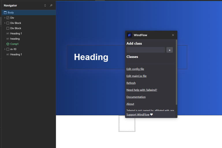 Enhance your Webflow design process with WindFlow app, seamlessly integrating TailwindCSS for instant, efficient styling. Optimize CSS delivery, customize elements, and explore advanced design features for a streamlined, visually appealing Webflow projects.