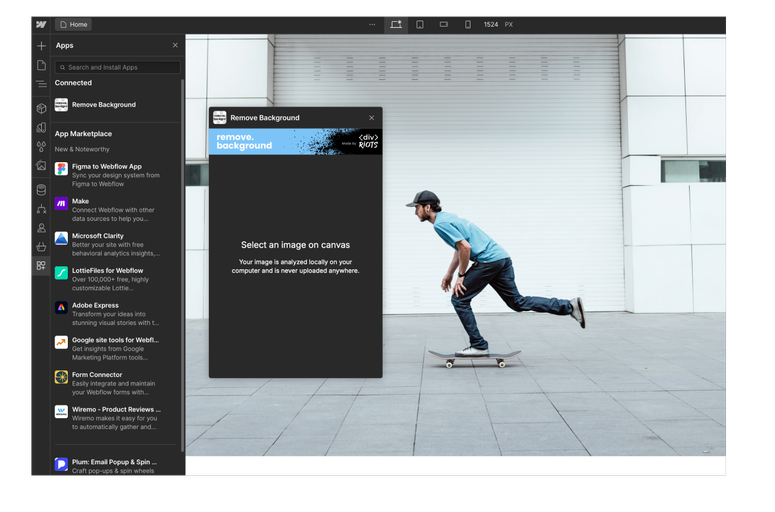 The Remove Background app is a powerful Webflow app offering local background removal with a finely tuned AI model. It streamlines design processes, saves time, and enhances user experience for Webflow users. Ideal for maintaining privacy, efficiency, and quality in image editing within the platform.