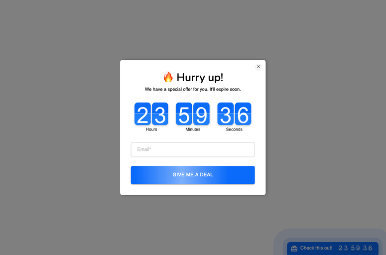 Enhance user engagement and conversion rates with the Countdown Popup app for Webflow designers and developers. Create urgency, drive traffic, and boost mailing lists effortlessly. Optimize conversion with customizable designs for a seamless experience.