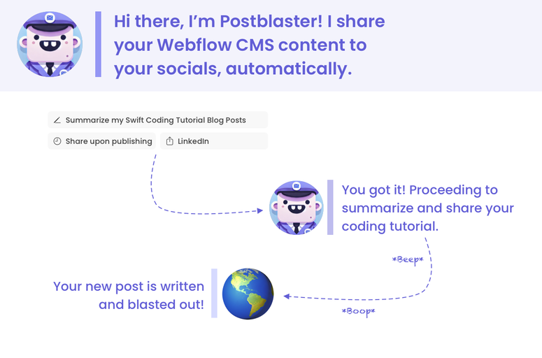 Postblaster, the essential Webflow app, automates sharing Webflow CMS content on social media, starting with LinkedIn. It generates posts, adds hashtags, and analyzes performance seamlessly within Webflow, ideal for designers and developers aiming to optimize workflow efficiency and post visibility.