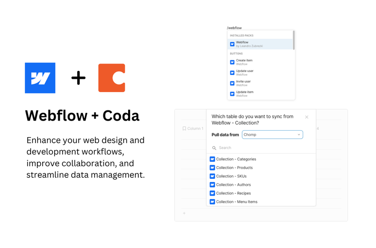 Enhance your Webflow experience with the Webflow app for Coda. Sync collections, manage items, track inventory, and streamline workflows. Improve flexibility, efficiency, collaboration, and access a centralized workspace. Perfect for e-commerce, form analysis, and team collaboration.
