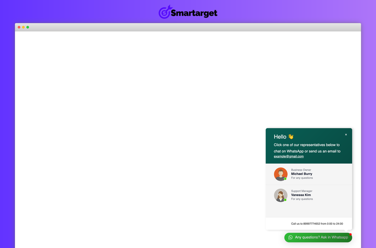 Enhance customer communication with the Smartarget Whatsapp - Contact Us app for Webflow. Streamline inquiries, boost engagement, and increase leads through seamless WhatsApp integration on your website. Optimize user experience and conversion rates with this powerful tool.