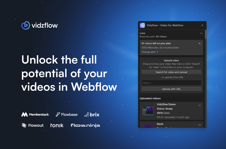 Enhance user experience with Vidzflow, a video hosting solution for Webflow. Enjoy customization options, fast-loading videos, and professional support for optimized performance. Perfect for seamless video hosting and improved SEO ranking.