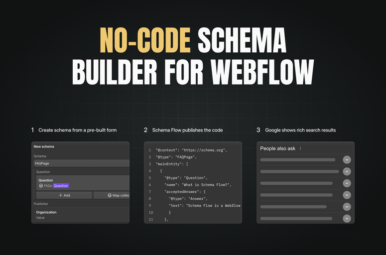 Enhance your website's SEO with Schema Flow, a Webflow app for easy structured data creation without coding. Boost visibility, save time with pre-built forms, and drive more traffic with rich search results. Ideal for Webflow designers seeking improved search performance.