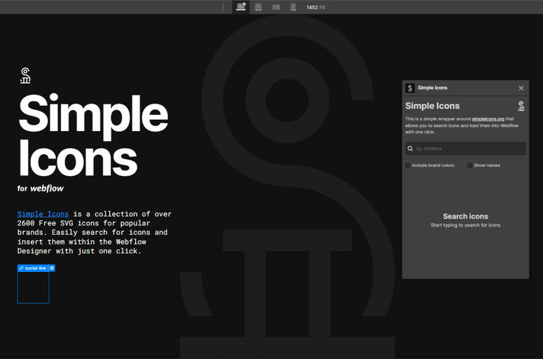 Enhance your Webflow projects with Simple Icons app - access 2600+ brand icons easily! Streamline design, ensure brand consistency, and optimize performance with SVG icons. Perfect for Webflow designers and developers seeking efficiency and visual appeal.