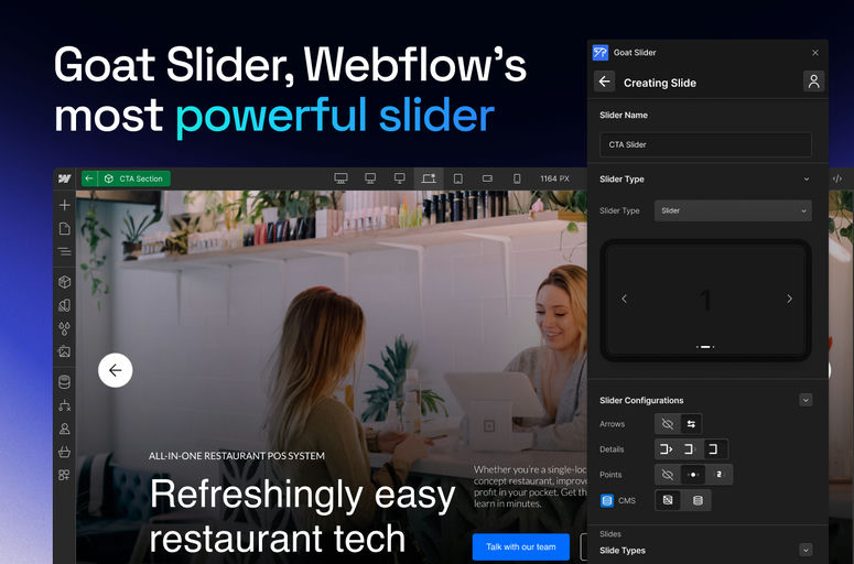 Enhance your Webflow projects with Goat Slider, a powerful app revolutionizing slider design. Seamlessly integrate custom animations, CMS, and stunning templates for visually appealing websites. Ideal for Webflow designers seeking creative sliders.