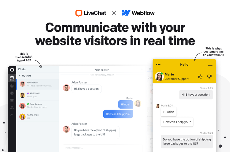 Enhance visitor engagement with the seamless integration of LiveChat on your Webflow app. Personalize experiences, offer 24/7 support across channels, and utilize AI assistance for efficient customer service. Benefit from insights and success stories to boost sales and satisfaction.