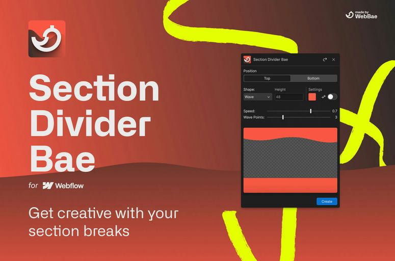 Enhance your Webflow projects with Section Divider Bae! Easily customize eye-catching section breaks using unique SVG shapes like wave, curve, and diagonal. Enjoy seamless responsiveness and precision design without manual coding hassle. Perfect for designers and developers looking to elevate website aesthetics effortlessly.
