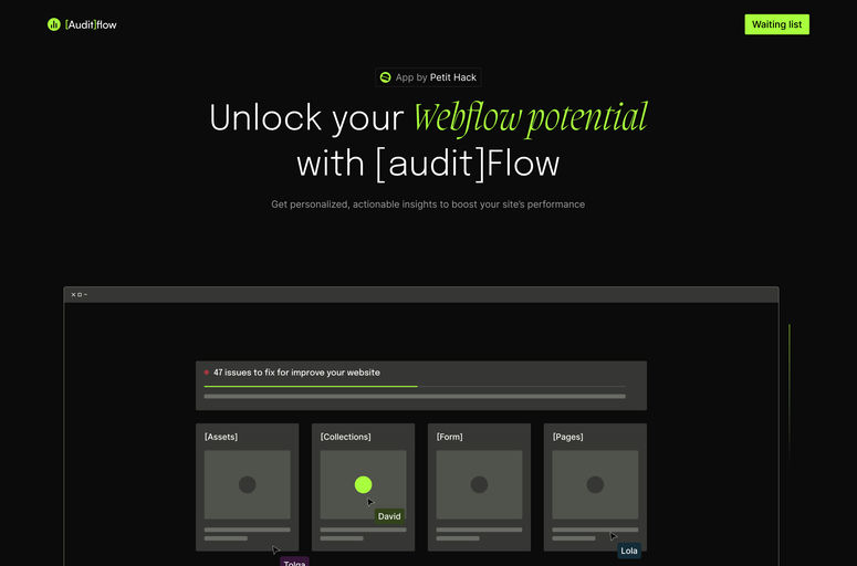 Optimize your Webflow site with [audit]flow - the ultimate Webflow app for SEO, image compression, and web page enhancements. Streamline meta optimization, collaborate effortlessly, and boost site performance with ease. Ideal for designers and developers seeking efficient web management.